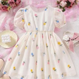 baesd girls print puff sleeves net fit flare dres