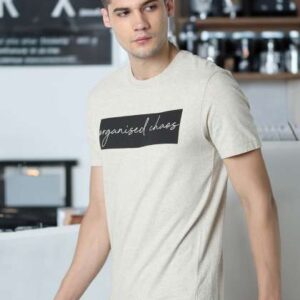 huetrap men beige black typography printed tshirt