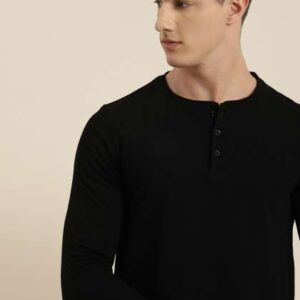invictus men black pure cotton solid henley neck p