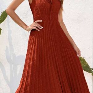 rust sleeveless fit flare midi dress