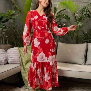 sassafras floral print georgette fit flare midi d