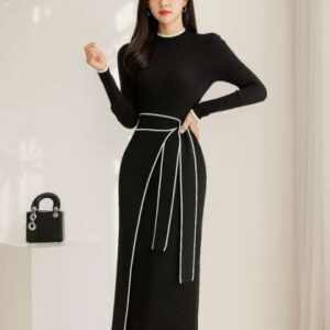 trenbee women round neck long sleeves sheath midi