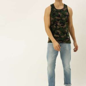 veirdo men olive black camouflage print round nec